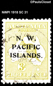 NWPI 1918 SC 31 KANGAROO & MAP OLIVE BISTER 3p USED NO GUM WM 10 P12 - Picture 1 of 2