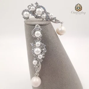 Real 12mm Seawater White Pearl Dangle Drop Earrings 9ct White Gold Filled - Picture 1 of 20