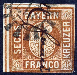 BAVARIA GERMANY 1850 6 Kreuzer Cinnamon IMPERF - RED SILK THREAD SG 9 Thin - Picture 1 of 2