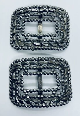 Antique Marcasite SHOE BUCKLES CLIPS 1920s Cut Steel MADE in FRANCE Foto 1 de 4