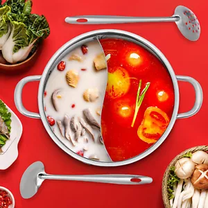 Hot Pot Gas Stove Dual Purpose Divider with Glass Lid 304 Stainless Steel 32cm - Picture 1 of 19