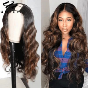 Pelucas de cabello humano UNice Mongolian Ombre Highlights marrón parte en U onda del cuerpo - Imagen 1 de 12