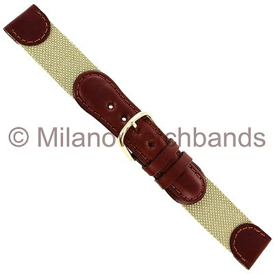 Ciervo 16mm Med. Correa de reloj estilo ejército suizo tela beige cuero genuino marrón Foto 1 de 4