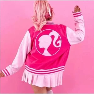 Barbie NEW Pink Vintage/Retro-Style Varsity Fleece Bomber Jacket Women's XL 50s - Picture 1 of 8