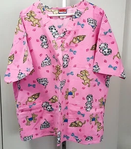 Scrubland 2X Veterinarian Pink 58" Scrub Top Shirt Puppy Dog Paw Print Vet Tech - Picture 1 of 6