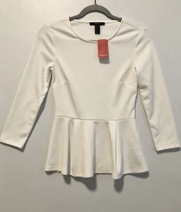 Forever 21 Top Women's XS White Peplum Long Sleeve Pullover Round Neck NWT - Picture 1 of 10