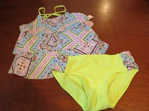 NEW Girls JUSTICE Neon Yellow Print Tankini Ruffled 2 Pc. Swimsuit Size 14 NWT - Picture 1 of 5