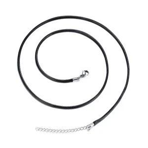 1.5/2/3MM Men's Long Chain Black PU Rope Stainless Steel Necklace 17.72"/23.62" - Picture 1 of 9