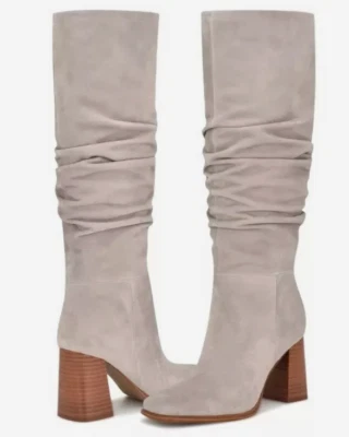 NINE WEST Size 7.5 Medium Gray Domaey Knee-High Stacked Block Heel Dress Boots - Image 1 of 4