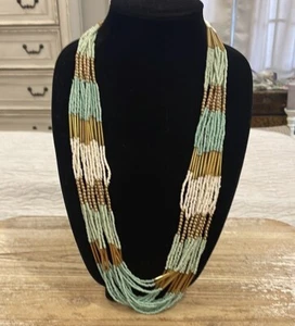 Vintage Aldo Gold Tone Green Seed Beaded Multi Layered Long Statement Necklace  - Picture 1 of 3