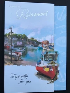 Retirement card for men male him open, coastal scene, boats, 3-fold, 7" x 5" - Picture 1 of 3