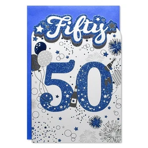 Age 50 Birthday Card - 9"x6" - 50th Blue Glitter Men Adult - Picture 1 of 2