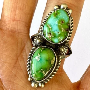 Navajo Sonora Gold Türkis Ring 2 Steine Größe 8 signiert Shakey lang Sterling - Bild 1 von 8
