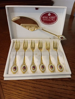 Juego de 6 tenedores para pasteles/postres RoyalAlbert OldCounteyRoses con cortadora de servidor, en caja Foto 1 de 4
