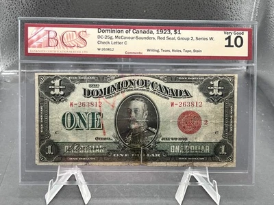 1923 Dominion of Canada $1 Bank Note Red Seal Graded BCS VG-10 SN# W263812 - Image 1 of 4