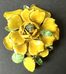 Vintage SPILLA ORIGINALE FIRMATA da ROBERT SMALTO GIALLO VETRO MODELLATO e STRASS - Foto 1 di 9