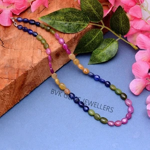AA Natural Multi Ruby Sapphire Beaded Necklace, 7x9mm Smooth Oval Precious Gems - Picture 1 of 5