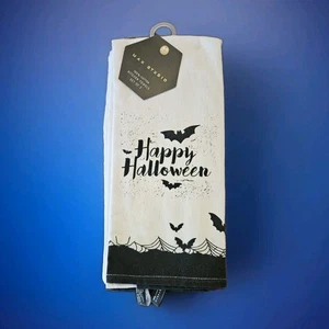 Juego de 2 toallas de cocina Max Studio Happy Halloween con murciélagos plato negro blanco - Imagen 1 de 6