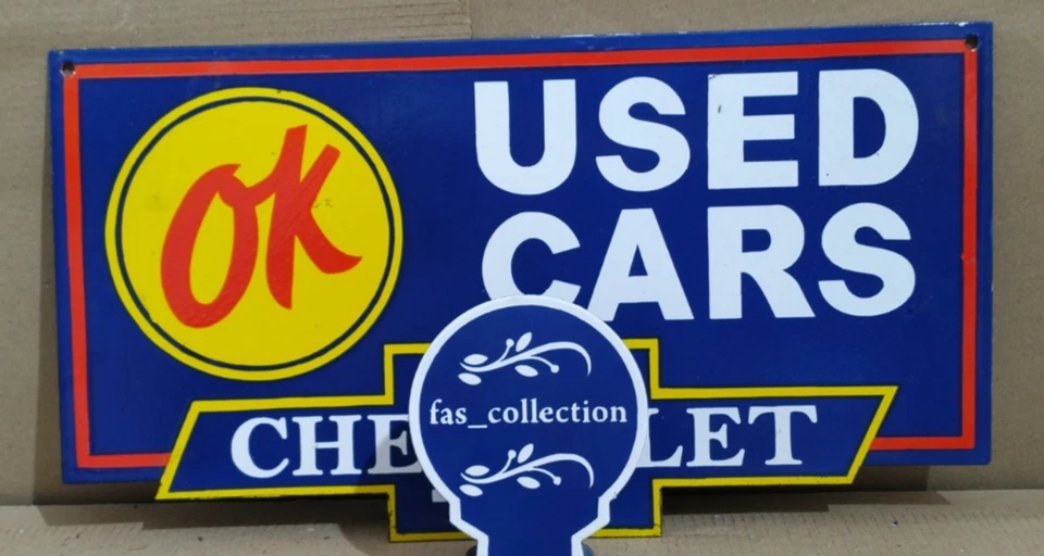 Ok Used Cars Chevrolet Porcelain Enamel Sign  22 x 10 Inches 1 Sided - Image 1 of 4