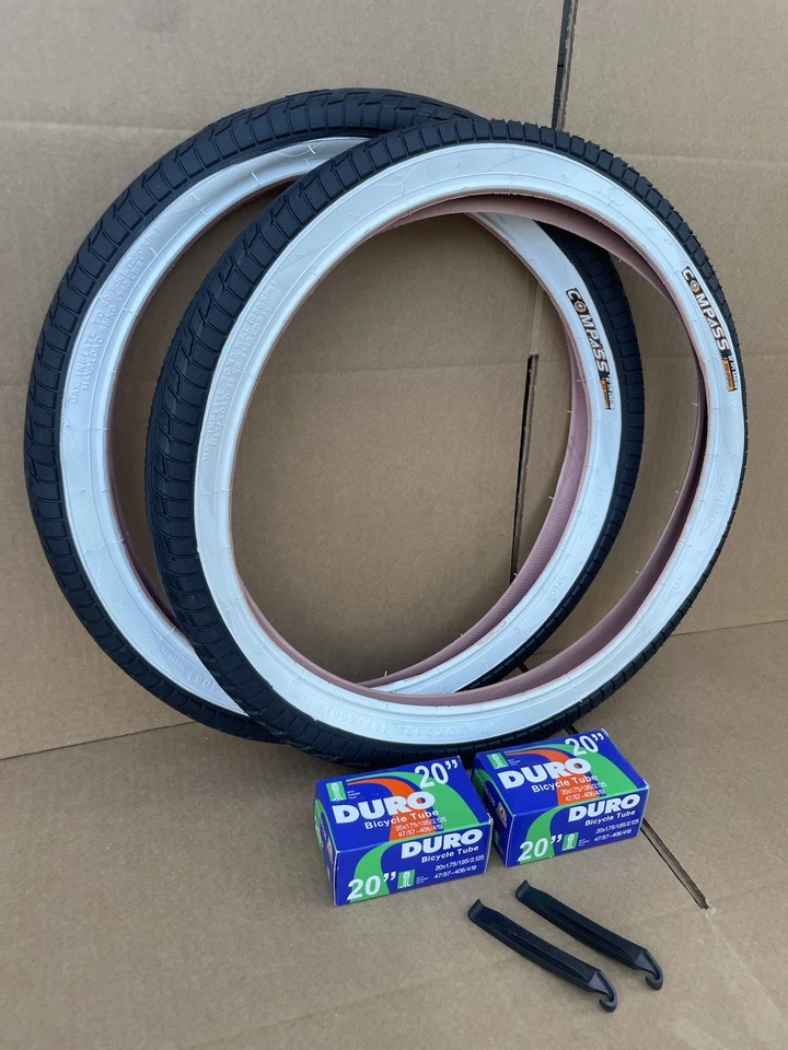 20'' x 2.125 Bicycle Tires, Tubes COMPASS Street Slick Freestyle BMX White Walls - Image 1 of 4