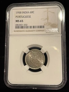 PORTUGUESE INDIA 60 Centavos 1958, NGC MS 65 Pretty Toned Luster, UNC / BU.  C9 - Picture 1 of 2