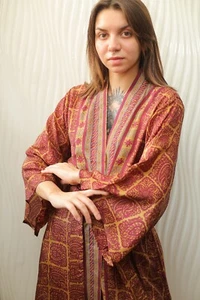 Pure Silk Midi Kimono Robe Knee Length Gown silk kimono robe Yellow PS MKMO2059 - Picture 1 of 11