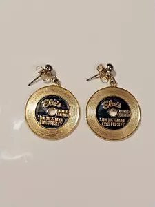 Vintage Elvis Presley Gold Tone Record Dangle Earrings Love Me Tender - Picture 1 of 4