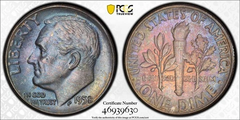 1958 P PCGS MS66 | TONED Silver Roosevelt Dime - 10c US Coin #42887A Cover