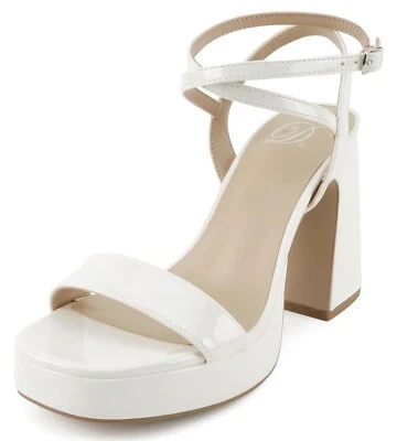 Delicious Mujer Bloque Tacón Alto Correa de Tobillo Plataforma Abierta MUFFIN-S Blanco Patente Foto 1 de 4