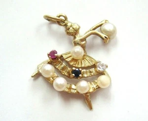 L@@K Vintage Real 14K Yellow Gold Dancing Ballerina Pendant w/Pearls & Gemstones - Picture 1 of 12