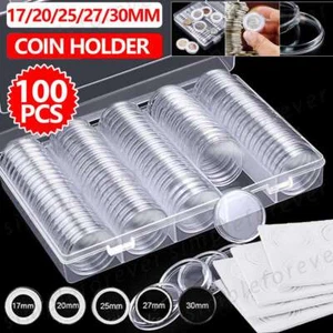 100pcs Coin Storage Box Case Capsules Holder Clear Plastic Round 20/25/27/30mm - Picture 1 of 12