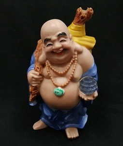 Laughing Buddha Blue Robes with Staff Sack Cloth Crystal Ball 6" Resin Figurine - Picture 1 of 13