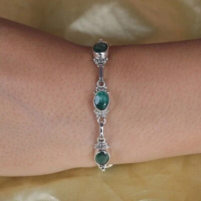 Pulseras boho hechas a mano de plata esterlina 925 con piedras preciosas facetadas esmeralda para mujer B#136 Foto 1 de 3