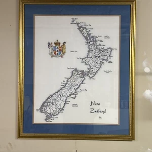 Lg. Needlepoint New Zealand Map framed33.5”x28” 1996 Signed MLW Framed & Matted - Picture 1 of 16