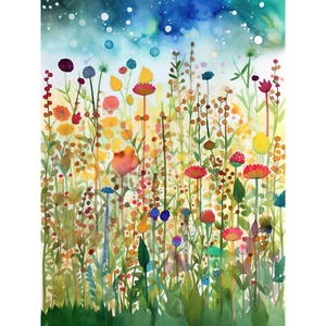Wildblumenwiese Volkskunst Kunstplakat Großer Leinwanddruck 46x61 cm - Bild 1 von 5