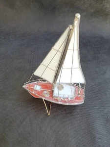 VINTAGE STAINED GLASS & WIRE 14" TALL SAILBOAT SCULPTURE  - Picture 1 of 9
