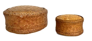 Pair of Round Hand Woven Bamboo Vintage Nesting Baskets with Lids - Asia - Picture 1 of 9
