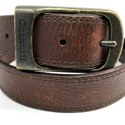 Vtg Carhartt Belt Mens 42 Brown Leather Heavy Brass Buckle Casual Distressed - Image 1 of 4