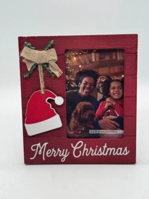 Sombrero de Papá Noel Feliz Navidad con marco de madera rojo de vacaciones 4"x 6" nuevo Foto 1 de 4