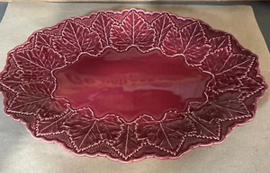 RARE Bordallo Pinheiro Leaf Rim Embossed 15.5”Burgundy Plate Portugal - Picture 1 of 4
