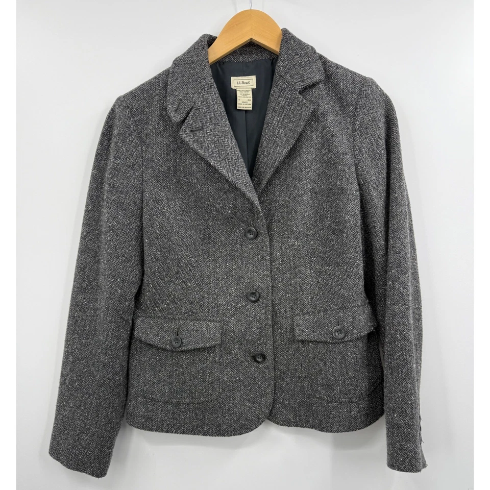 LL Bean Women's Tweed Herringbone Blazer Jacket Size S Gray Wool Blend - Image 1 of 4