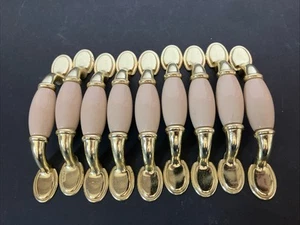Vintage Tan Porcelain Brass Pulls Drawer Cabinet Handles Kitchen Lot of 9 - Picture 1 of 11