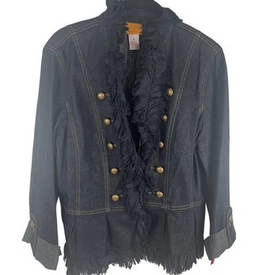Ruby Rd Moonstruck Blue Metallic Sparkle Denim Jacket Ruffled Fringe Size 12 - Image 1 of 4