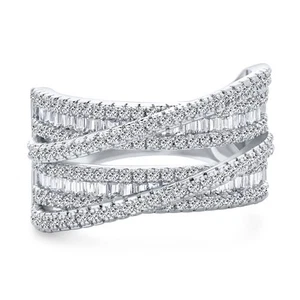 Art Deco CZ Crossover Cocktail Statement Ring Silver Plated 4 Row Baguette - Picture 1 of 8