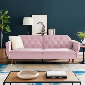 3 Seater Sofa Bed Pink Velvet Button Back - Victoria - Picture 1 of 6