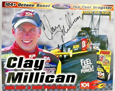 2003 Autographed Clay Millican 104+ Octane Boost Top Fuel NHRA postcard Cover