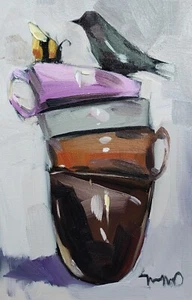 JOSE TRUJILLO Oil Painting IMPRESSIONISM Collectible Still Life Bird Bee coa - Picture 1 of 6