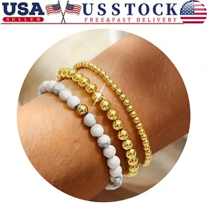 Pulsera de 3 piezas enchapada en oro de 18 quilates pulseras con cuentas brazalete de howlita blanca - Imagen 1 de 5
