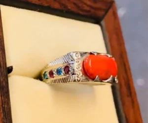 Natural Red Coral (Marjaan) Gemstone Ring in 925 Silver - Picture 1 of 7