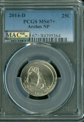 2014 D ARCHES QUARTER PCGS MS67 + PLUS PQ 2ND FINEST REGISTRY MAC SPOTLESS * - Image 1 of 2